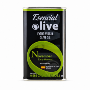 Lata de AOVE Esencial Olive Picual Temprano de 250 ml, negra con detalles verdes