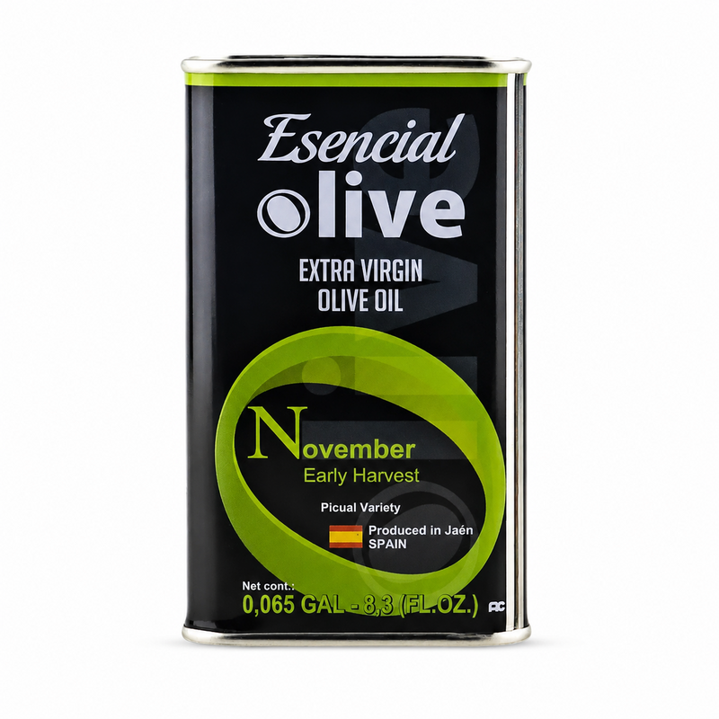 Lata de AOVE Esencial Olive Picual Temprano de 250 ml, negra con detalles verdes