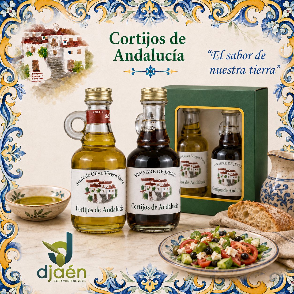 Botellitas de aceite y vinagre Cortijos de Andalucía junto a su estuche, con pan, ensalada y decoración de azulejos