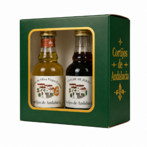 Pack aceite y vinagre Cortijos de Andalucía con dos botellitas de 40 ml en estuche verde y dorado