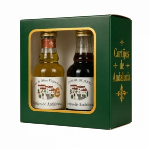 Pack aceite y vinagre Cortijos de Andalucía con dos botellitas de 40 ml en estuche verde y dorado