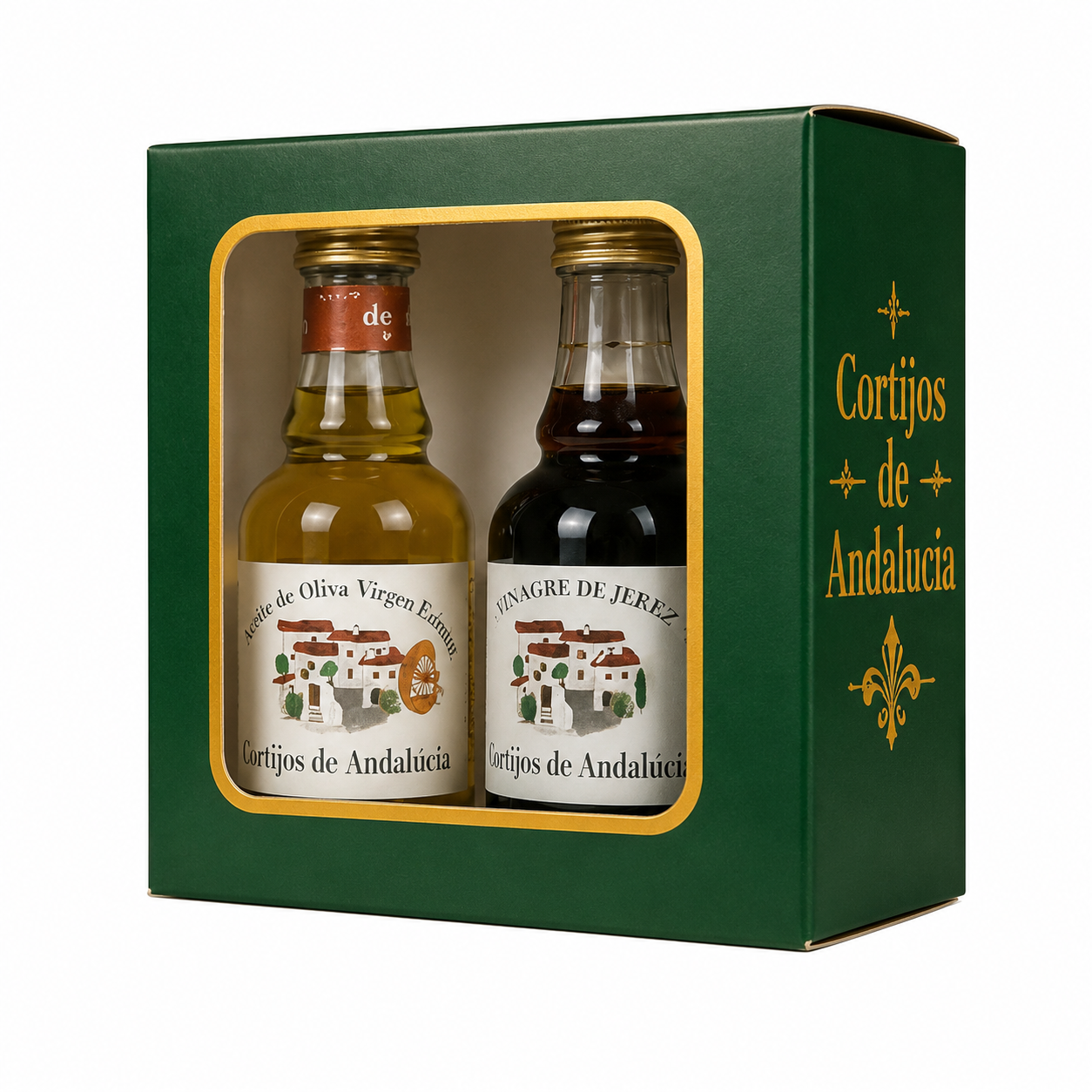 Pack aceite y vinagre Cortijos de Andalucía con dos botellitas de 40 ml en estuche verde y dorado