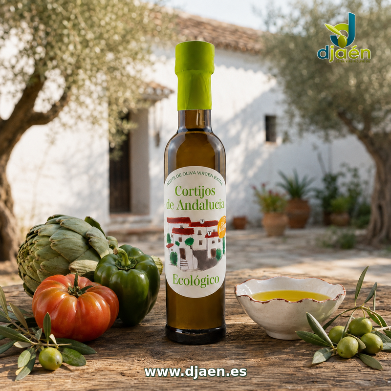 Botella de Picual Ecológico 250 ml Cortijos de Andalucía con hortalizas, aceitunas y un cuenco de aceite en un patio