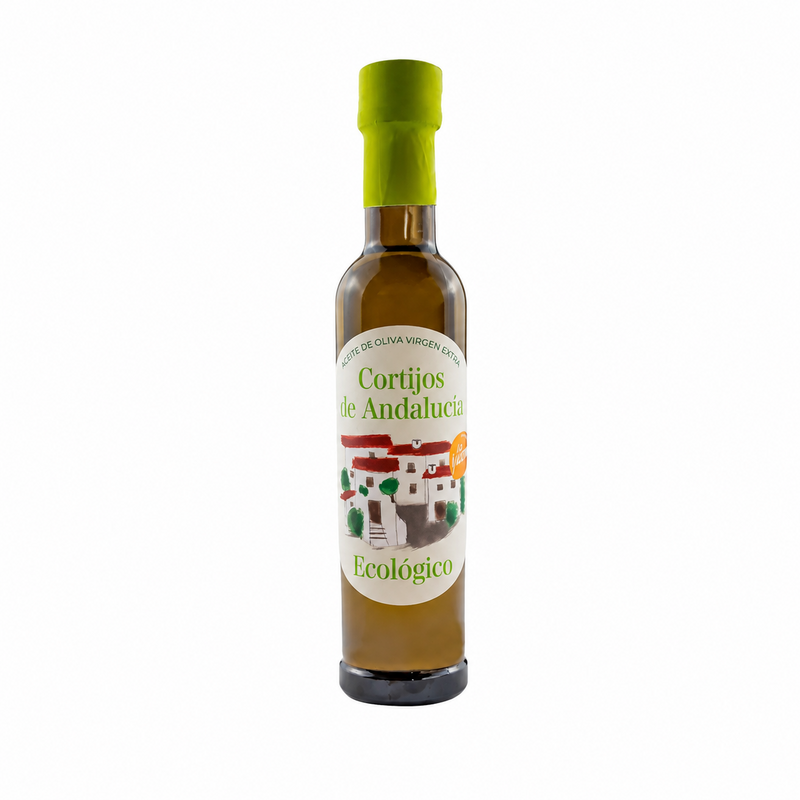 Botella de Picual Ecológico 250 ml Cortijos de Andalucía con tapón verde sobre fondo blanco