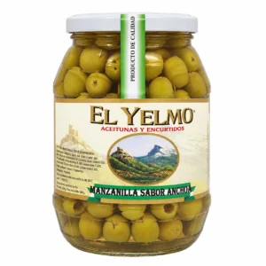 Aceitunas Manzanilla sin hueso sabor anchoa El Yelmo – Calibre 240-260 – 425 g