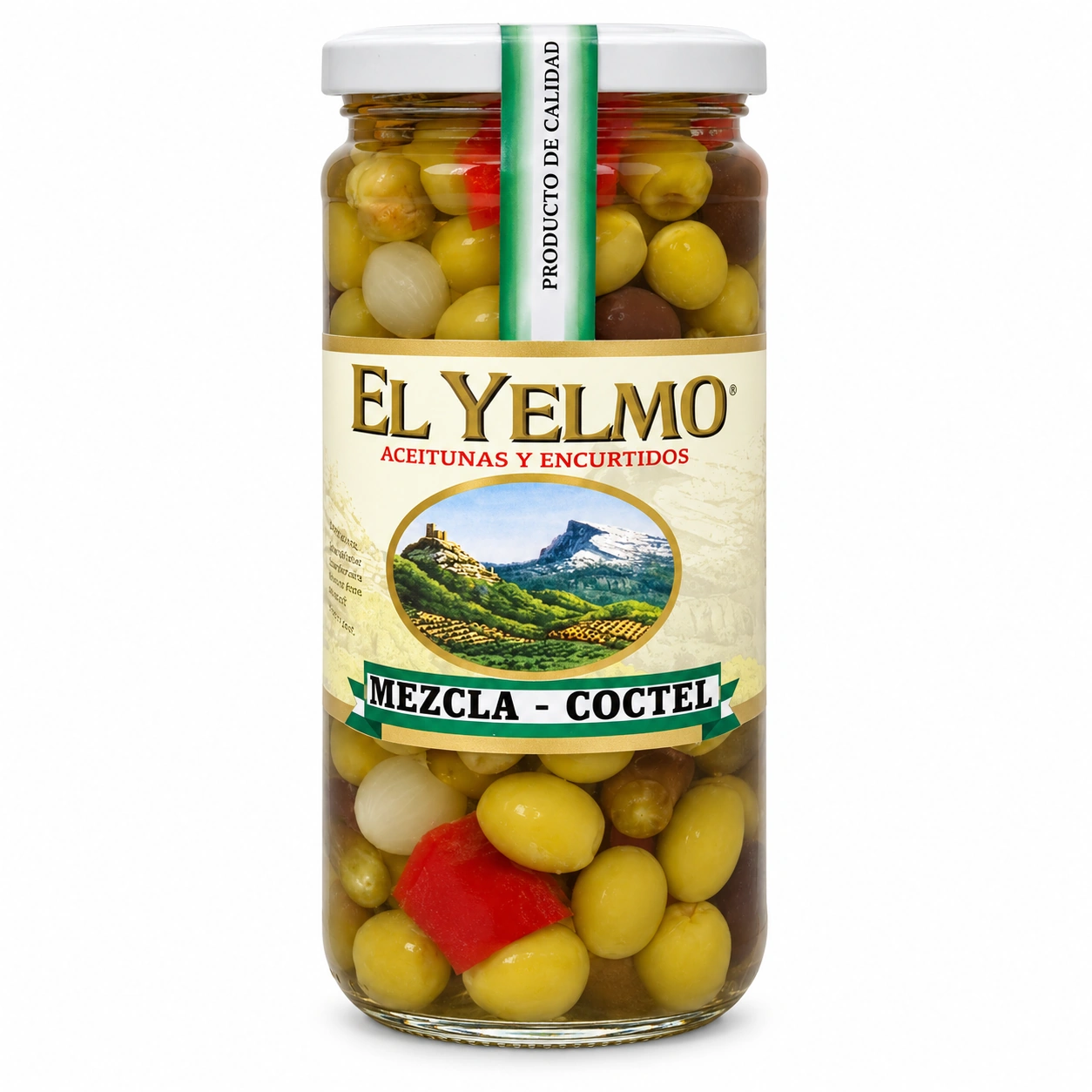 Tarro de aceitunas mezcla o cóctel El Yelmo de 400 g, visto de frente sobre fondo blanco.