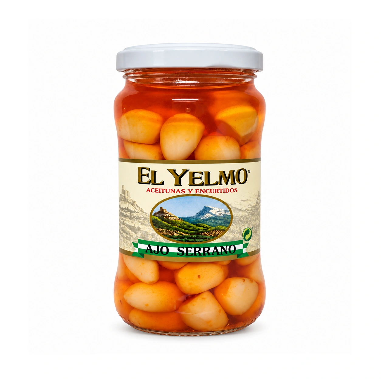 Tarro de cristal de ajos serranos El Yelmo de 200 g sobre fondo blanco