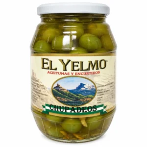 Tarro de aceitunas Chupadeos El Yelmo de 1400 g de peso neto escurrido sobre fondo blanco.