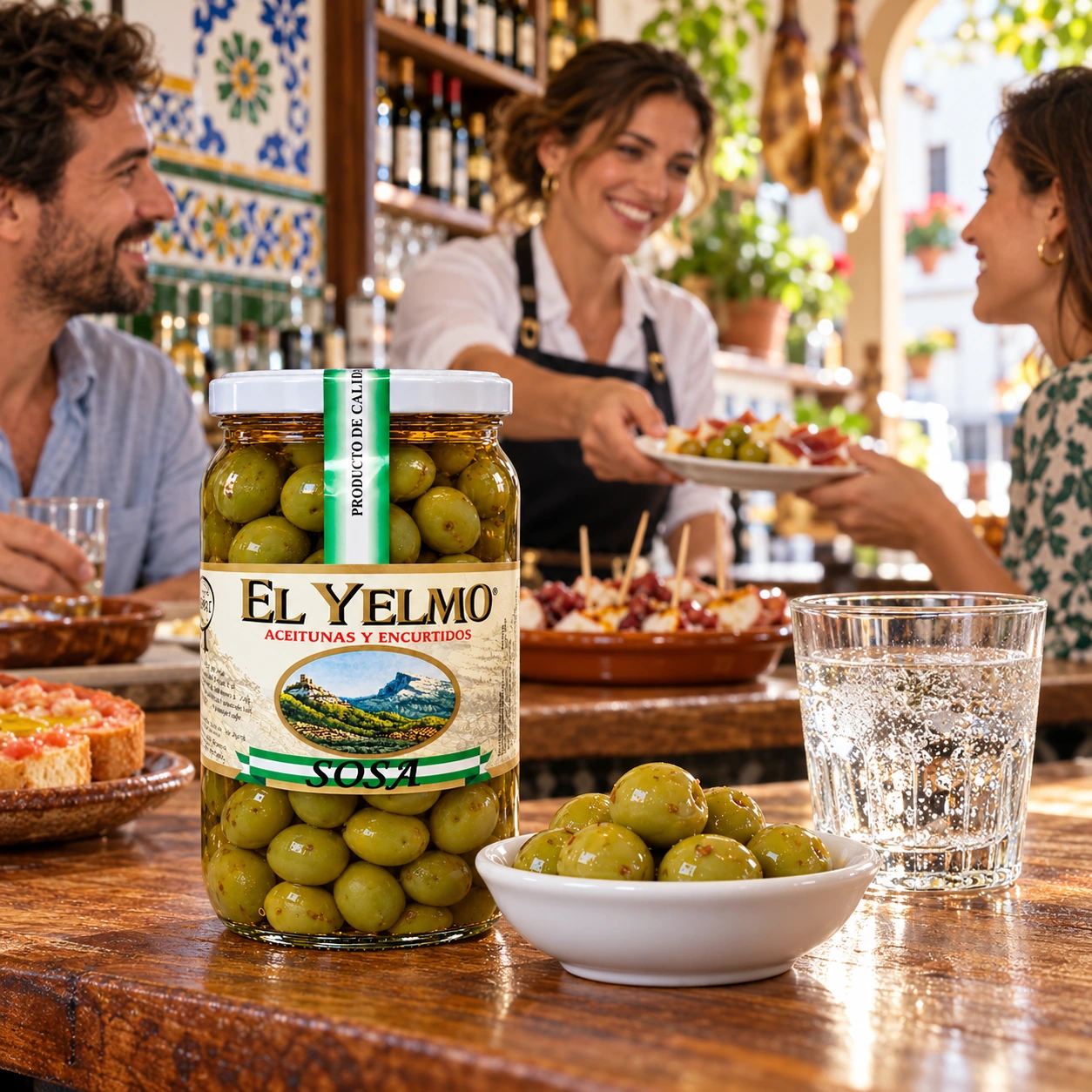 Tarro de aceitunas Sosa El Yelmo junto a un cuenco en la barra de un bar, con camarera y clientes.