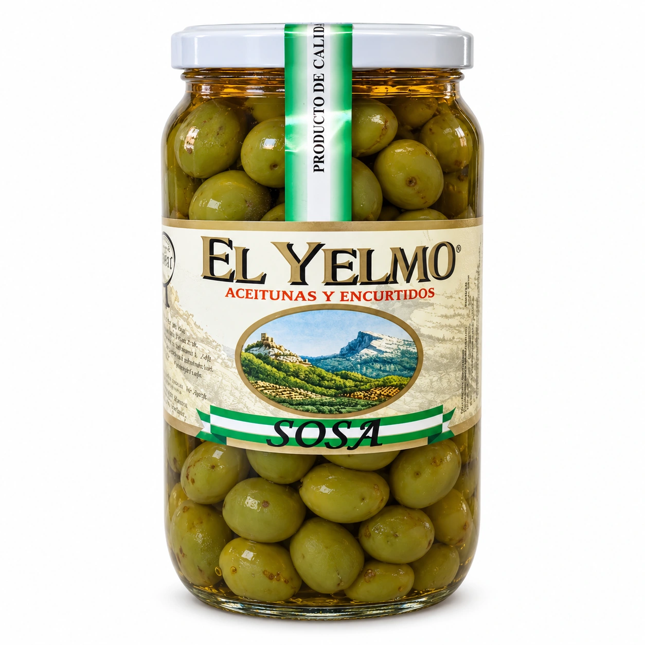 Tarro de aceitunas Sosa El Yelmo de 550 g escurridos, de frente sobre fondo blanco.