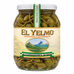 Tarro de alcaparrones El Yelmo de 350 g escurridos sobre fondo blanco.
