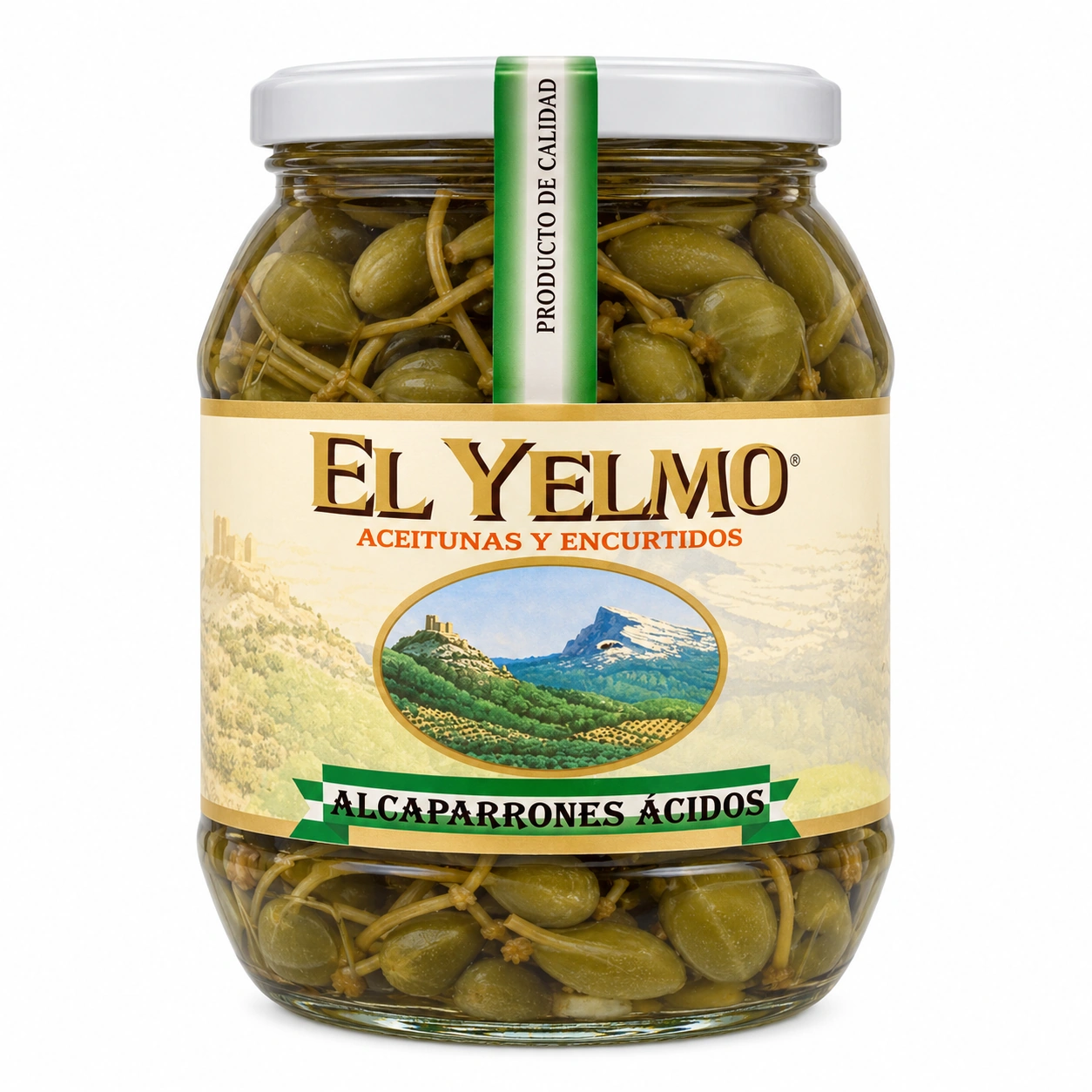 Tarro de alcaparrones El Yelmo de 350 g escurridos sobre fondo blanco.