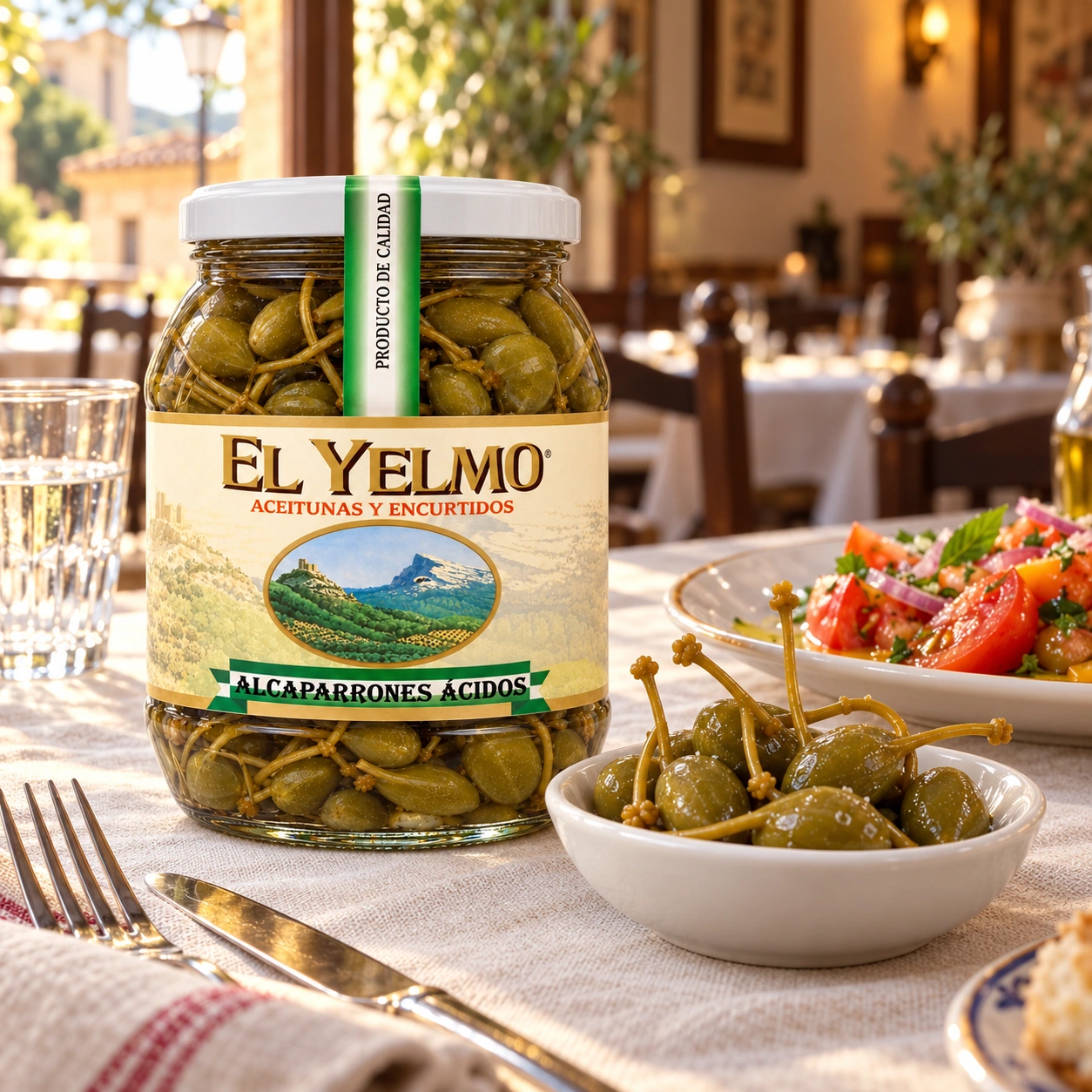 Tarro de alcaparrones El Yelmo con un cuenco de aperitivo y ensalada en una mesa de restaurante.