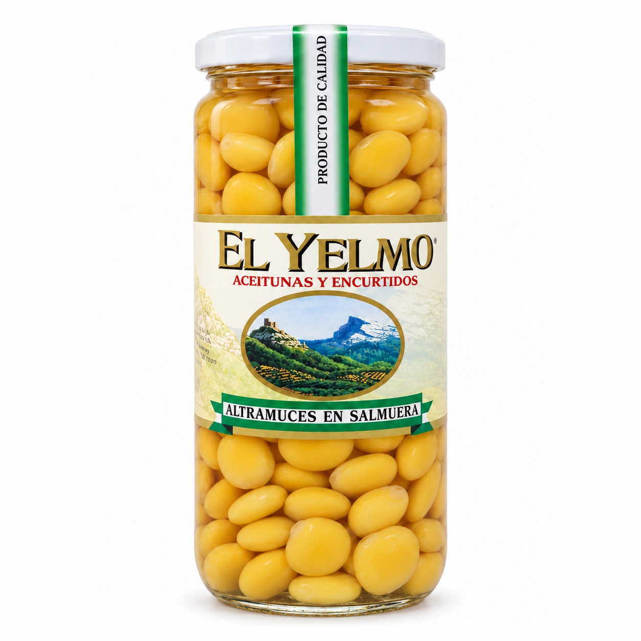 Tarro de altramuces en salmuera El Yelmo de 380 g escurridos, visto de frente sobre fondo blanco.