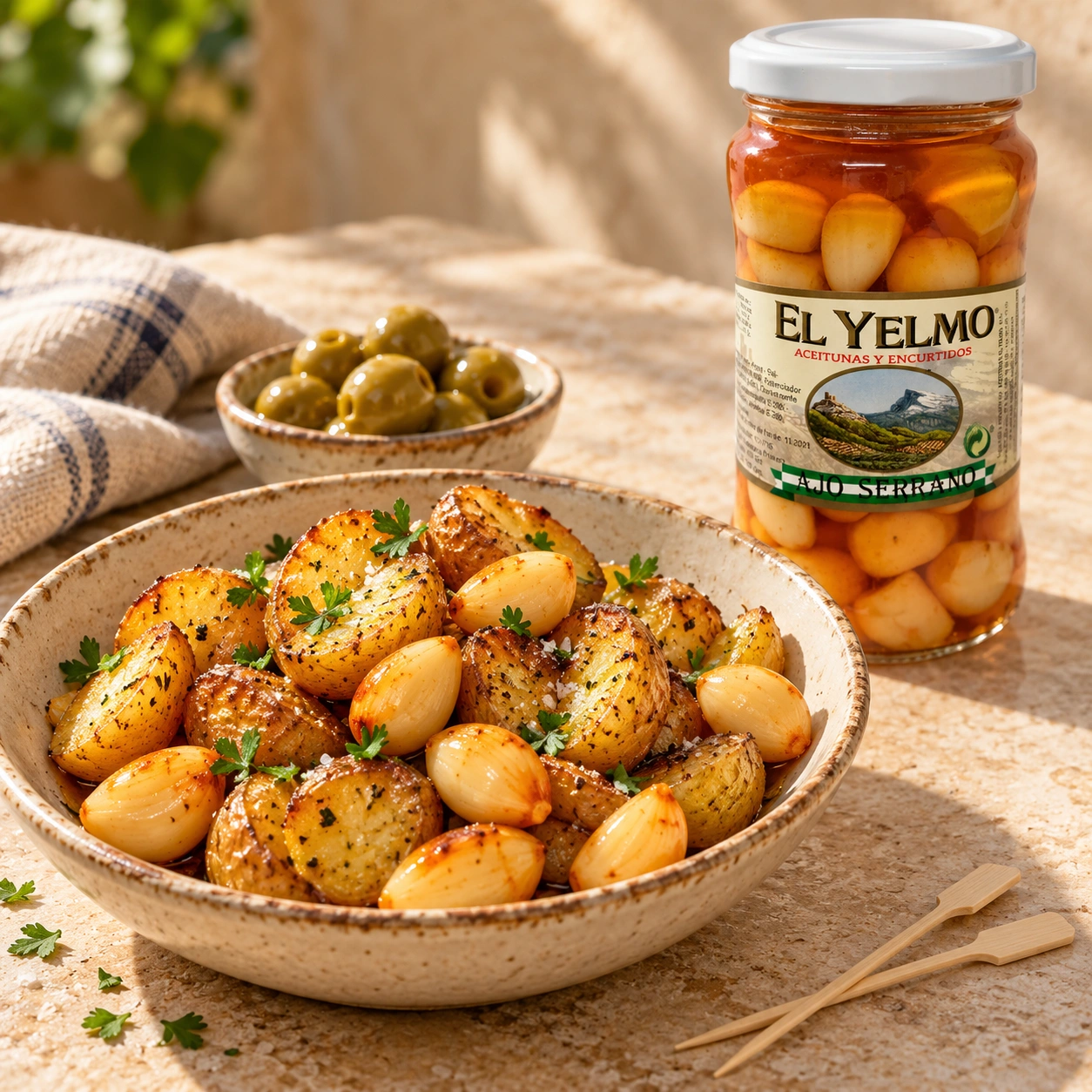 Patatas asadas con ajos serranos, un cuenco de aceitunas y un tarro El Yelmo