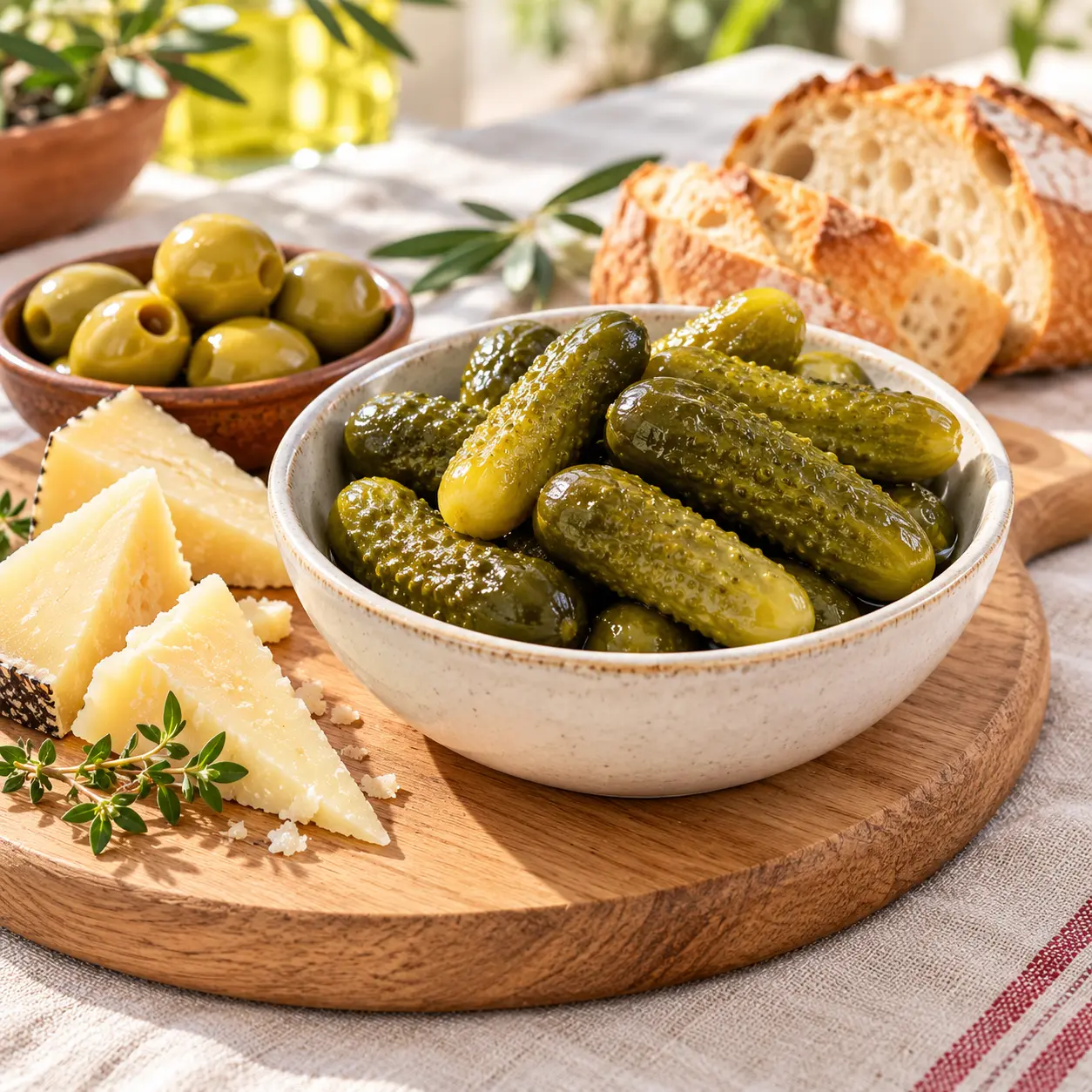 Cuenco de pepinillos enteros acompañado de queso, aceitunas verdes y pan sobre una tabla de madera.