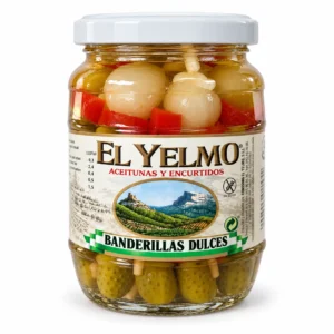 Tarro de banderillas dulces El Yelmo de 150 g visto de frente sobre fondo blanco