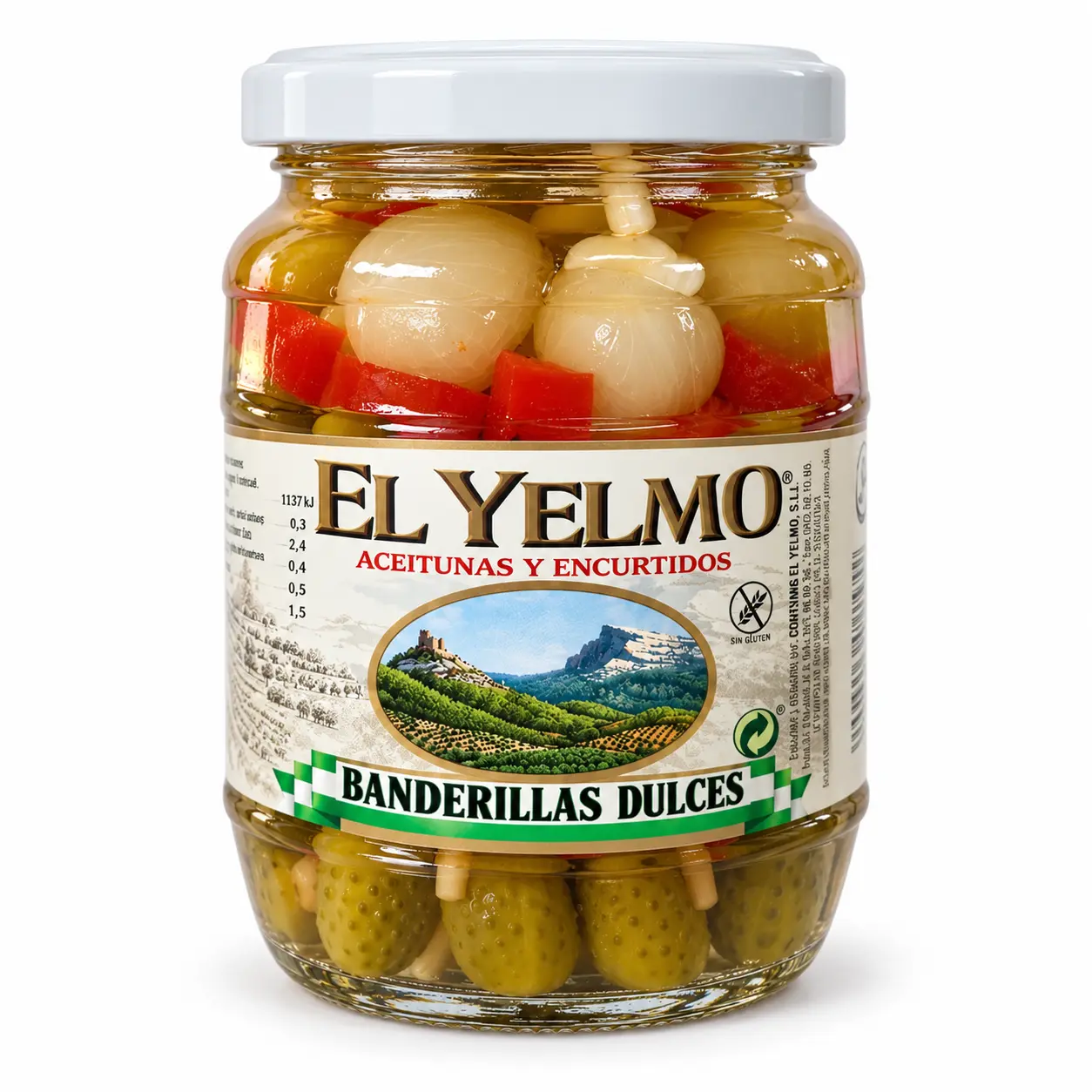Tarro de banderillas dulces El Yelmo de 150 g visto de frente sobre fondo blanco