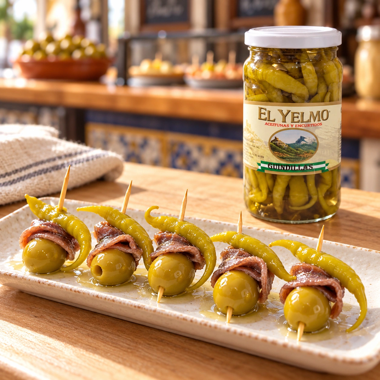 Banderillas de guindilla picante, aceituna y anchoa junto a un tarro El Yelmo