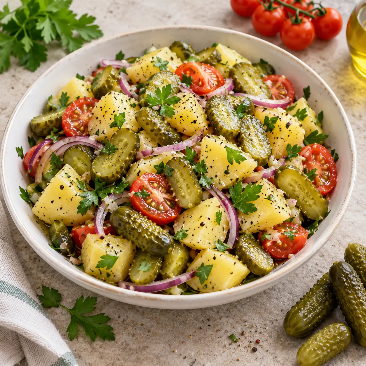 Ensalada de patata con rodajas de pepinillo, tomates cherry, cebolla roja y perejil.
