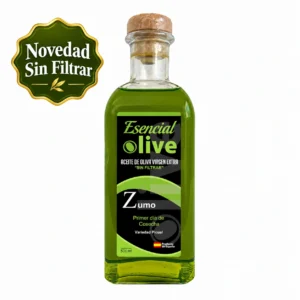 Botella de Esencial Olive Zumo Picual sin filtrar de 500 ml sobre fondo blanco con sello «Novedad».