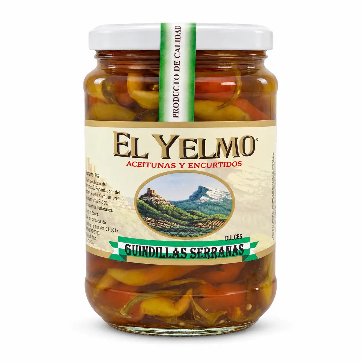Tarro de guindillas serranas dulces El Yelmo de 250 g sobre fondo blanco.