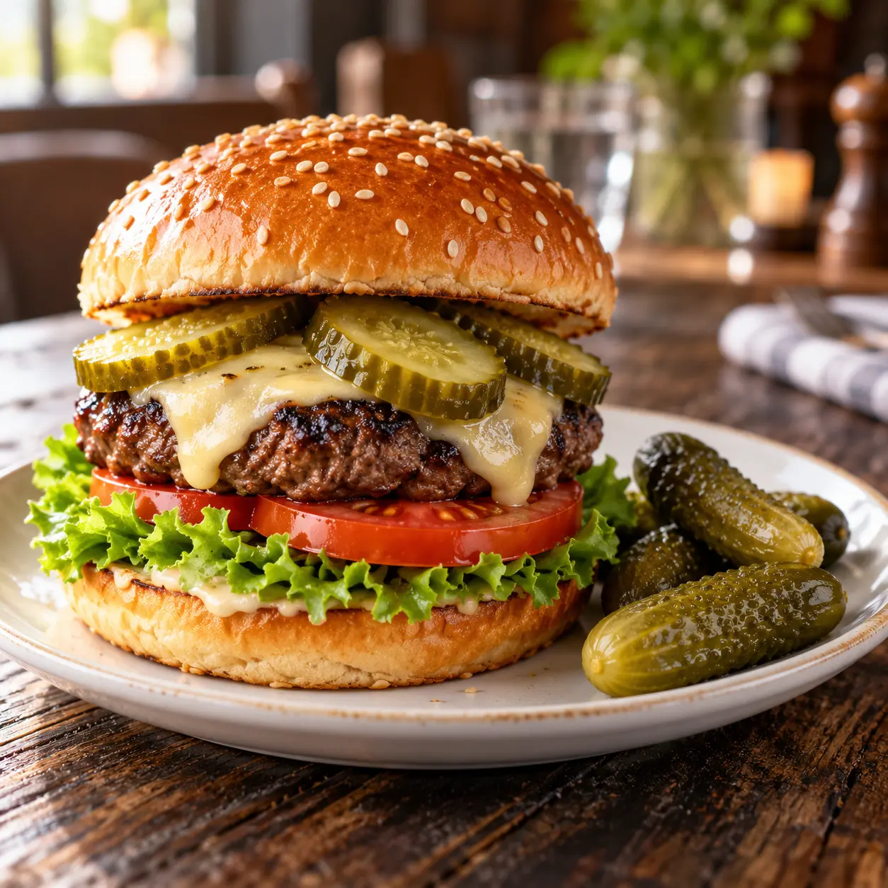 Hamburguesa con queso, lechuga, tomate y rodajas de pepinillo, acompañada de pepinillos enteros.