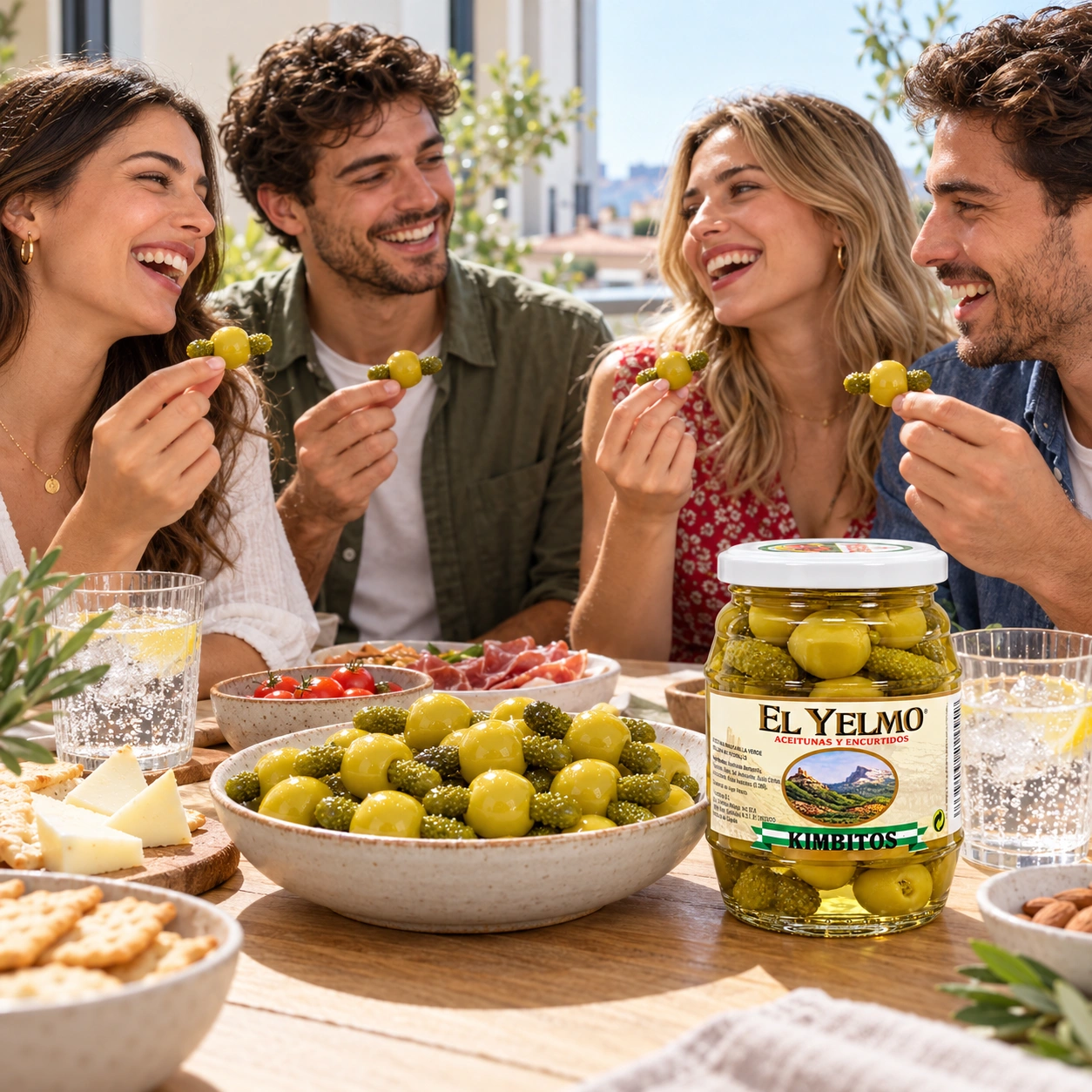 Cuatro jóvenes riéndose con kimbitos en la mano alrededor de una mesa con aperitivos y un tarro El Yelmo.