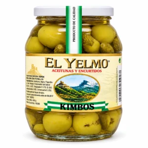 Tarro de Kimbos El Yelmo de 450 g escurridos, aceitunas gordales rellenas de pepinillo, sobre fondo blanco.