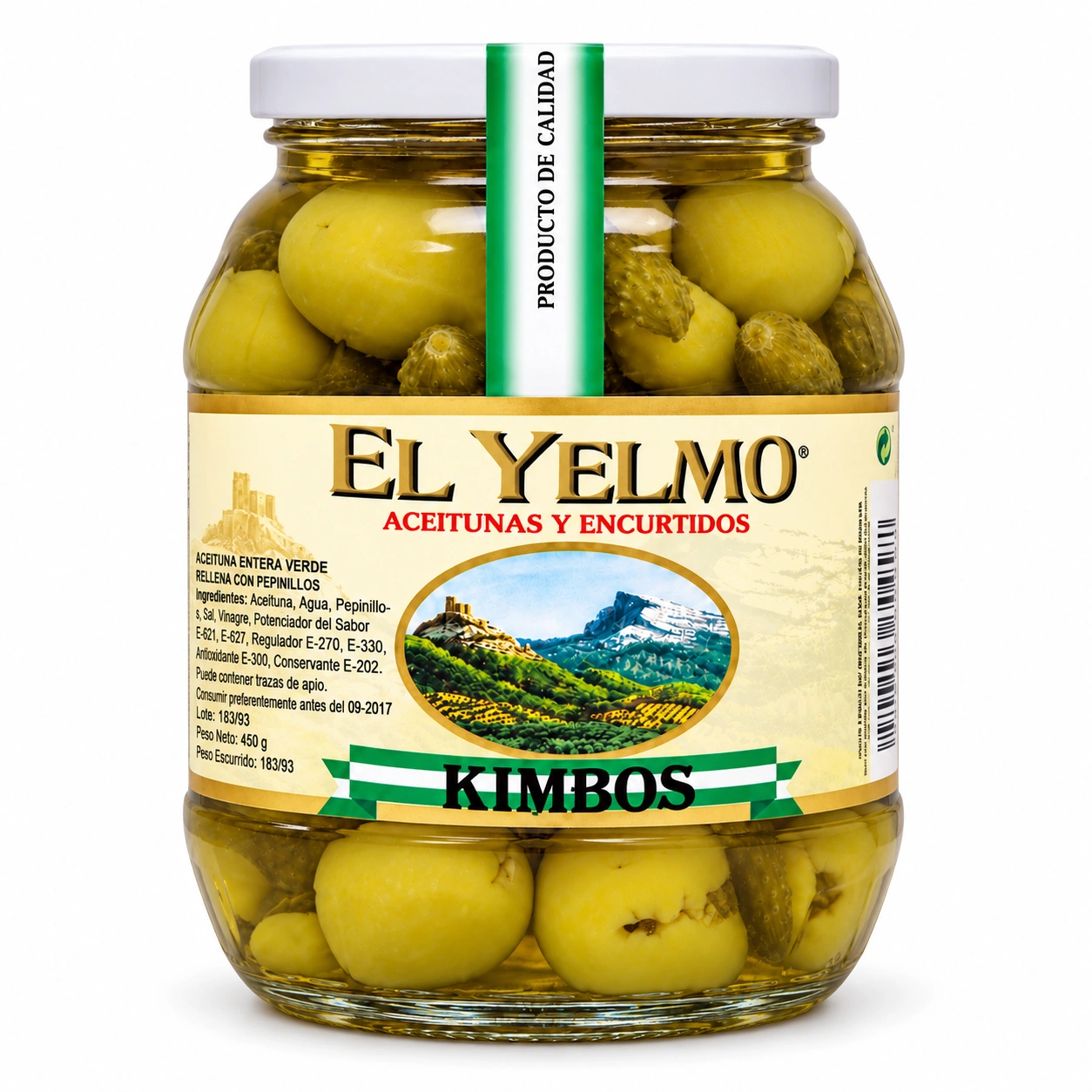 Tarro de Kimbos El Yelmo de 450 g escurridos, aceitunas gordales rellenas de pepinillo, sobre fondo blanco.