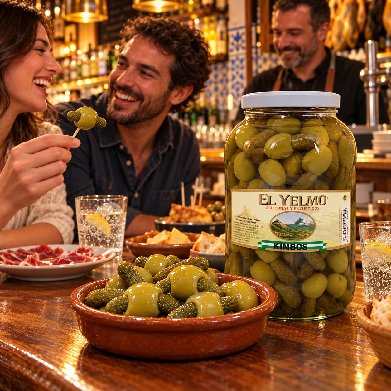 Dos amigos disfrutando de kimbos en un bar, con una cazuela de aceitunas rellenas de pepinillo y un tarro El Yelmo.