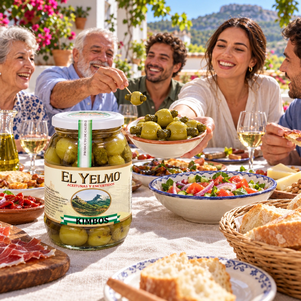 Familia compartiendo un cuenco de kimbos en un patio, con un tarro El Yelmo y aperitivos sobre la mesa.