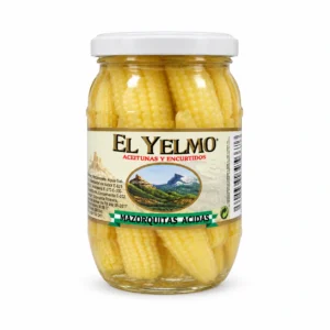Tarro de mazorquitas ácidas El Yelmo de 170 g, visto de frente sobre fondo blanco.
