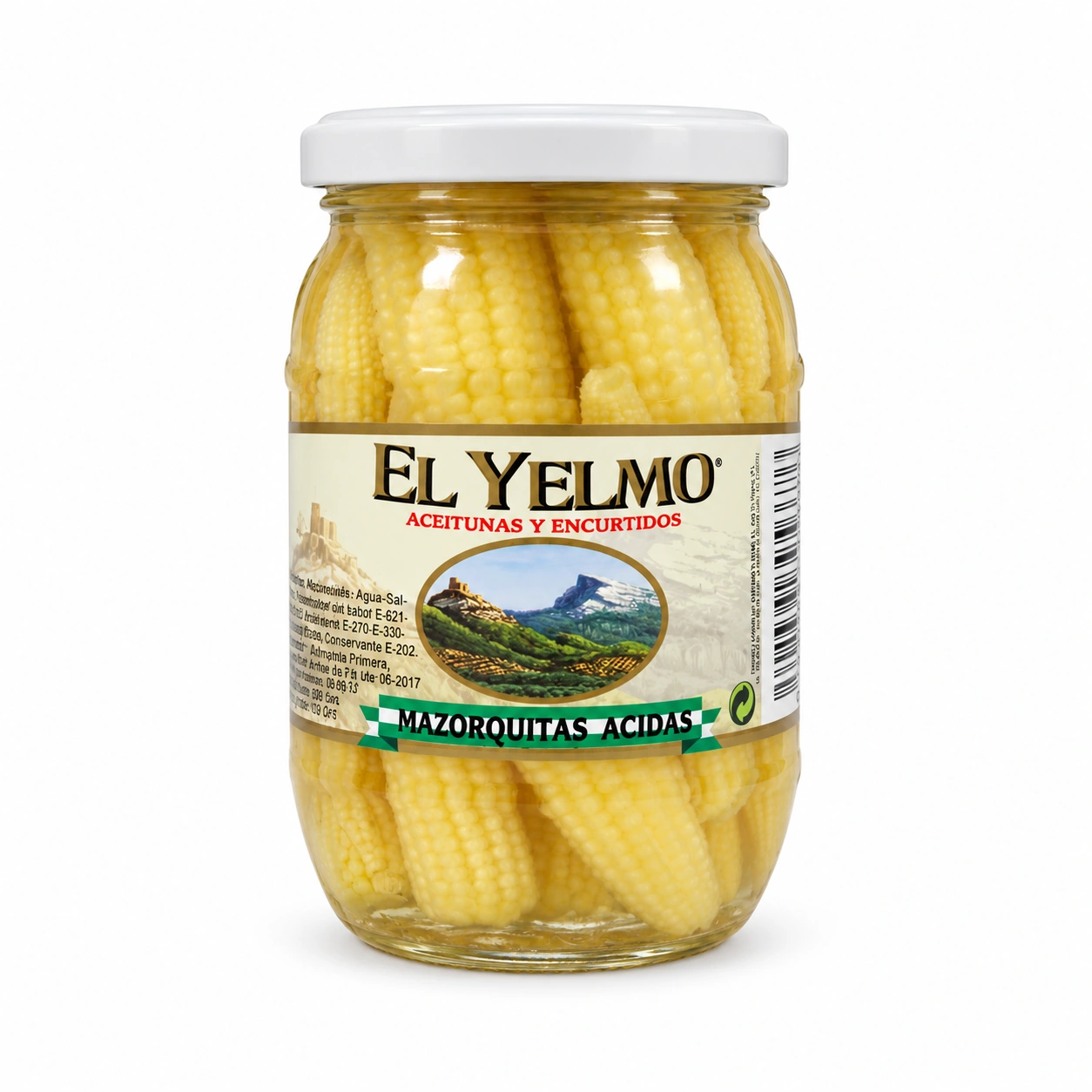 Tarro de mazorquitas ácidas El Yelmo de 170 g, visto de frente sobre fondo blanco.
