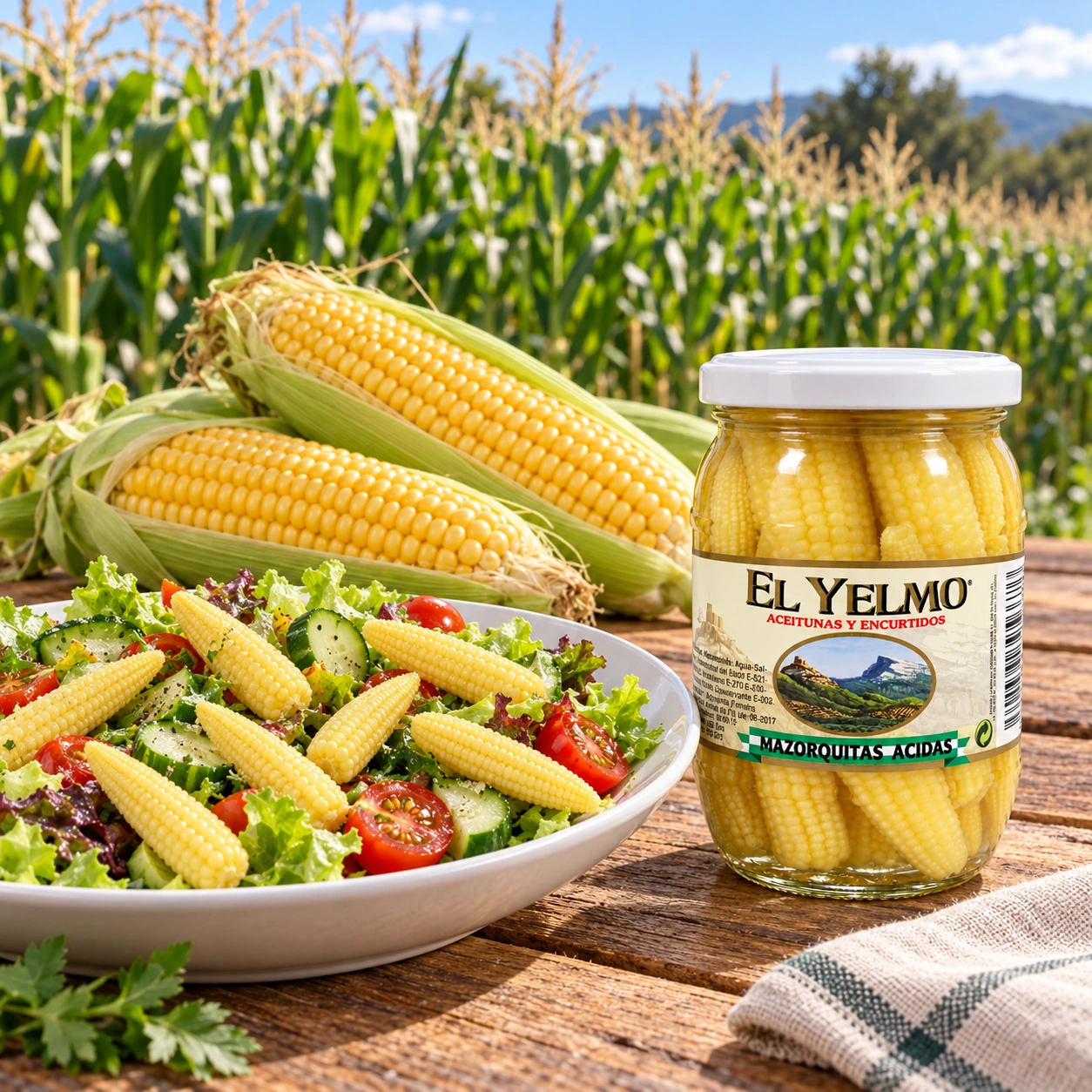 Ensalada con mazorquitas y tarro El Yelmo sobre una mesa de madera con mazorcas y un campo de maíz al fondo.