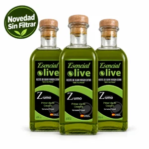 Pack de tres botellas de 500 ml de Zumo de aceitunas Esencial Olive, primer día de cosecha y sin filtrar