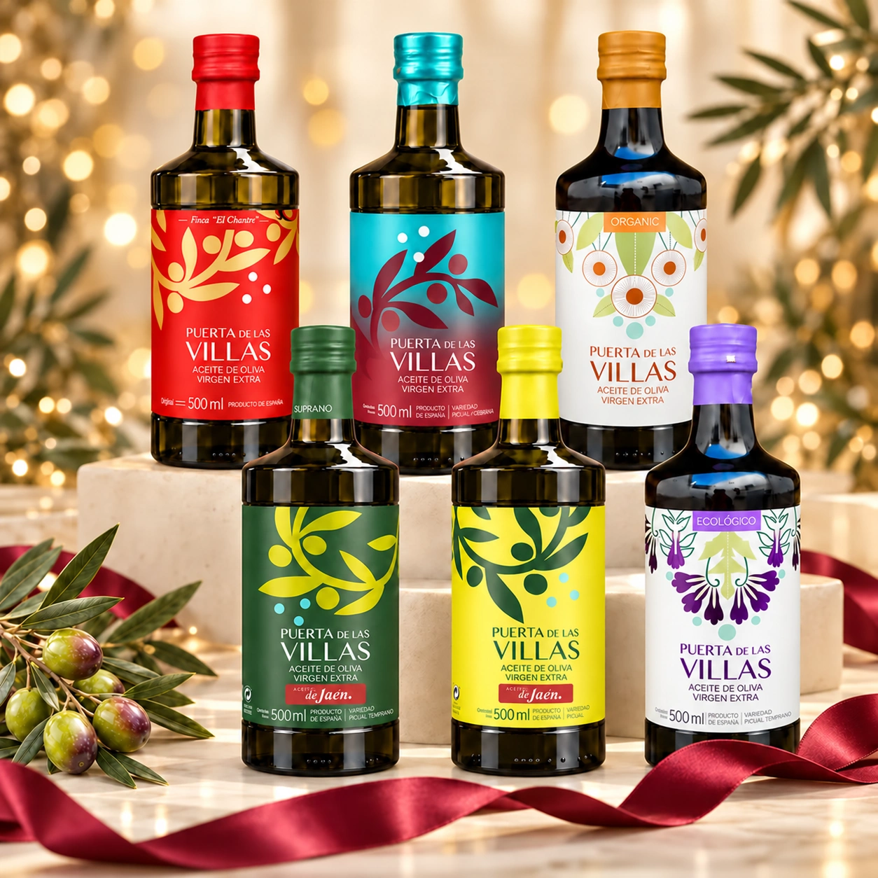 Pack de seis AOVE Puerta de Las Villas con cinta burdeos, aceitunas y fondo dorado para regalo.