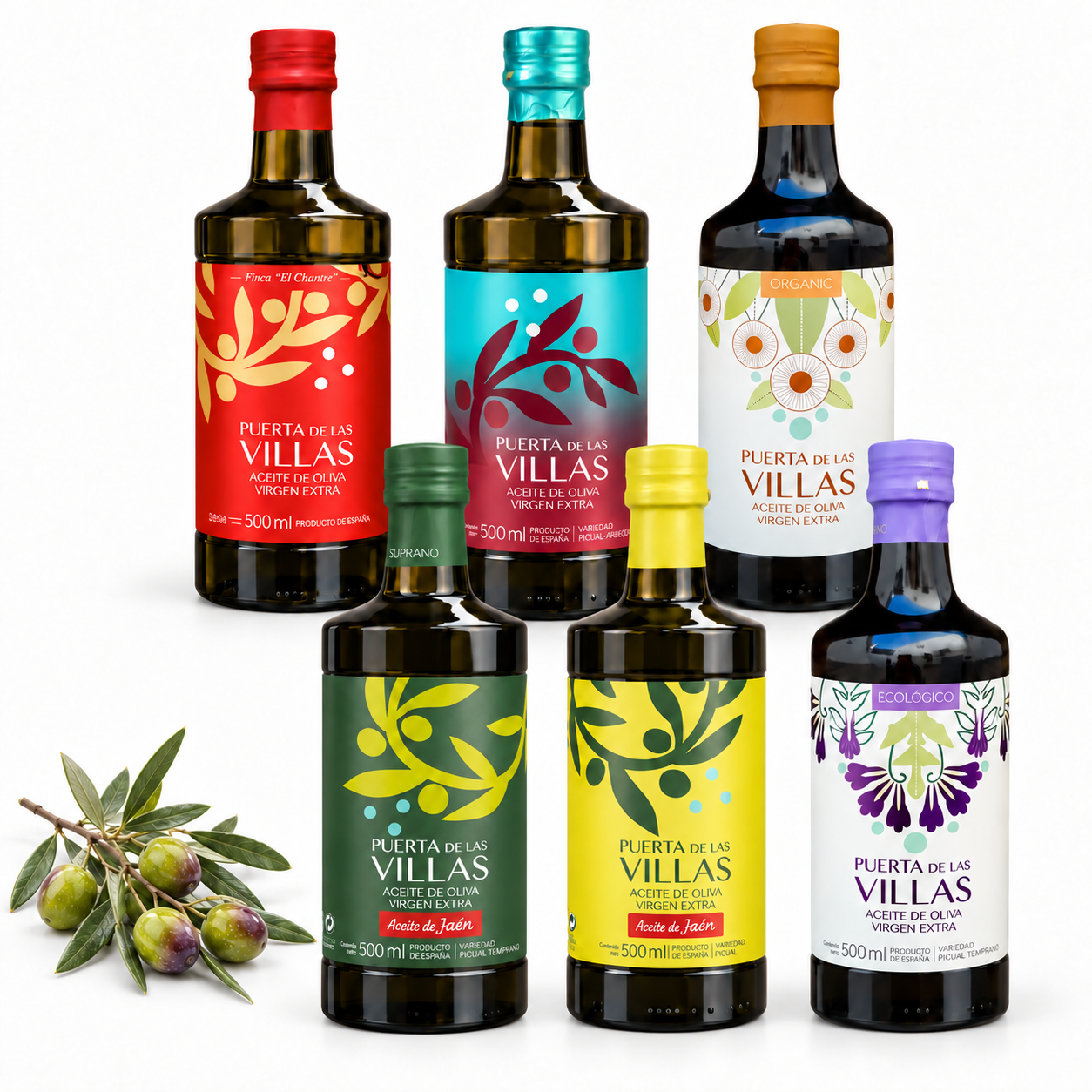 Pack de AOVE para regalar. Seis botellas de Puerta de Las Villas escalonadas sobre fondo blanco con una rama de olivo