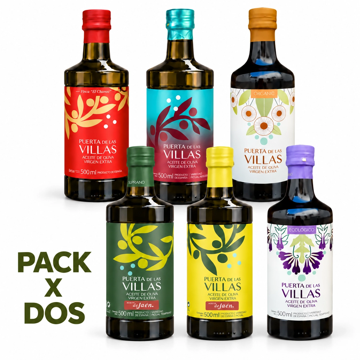 Seis botellas de AOVE Puerta de Las Villas sobre fondo blanco con indicación de pack por dos.