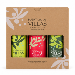 Estuche reagalo AOVE tres sabores Puerta de Las Villas con Picual Envero, Arbequina y Picual Temprano, sobre fondo blanco.