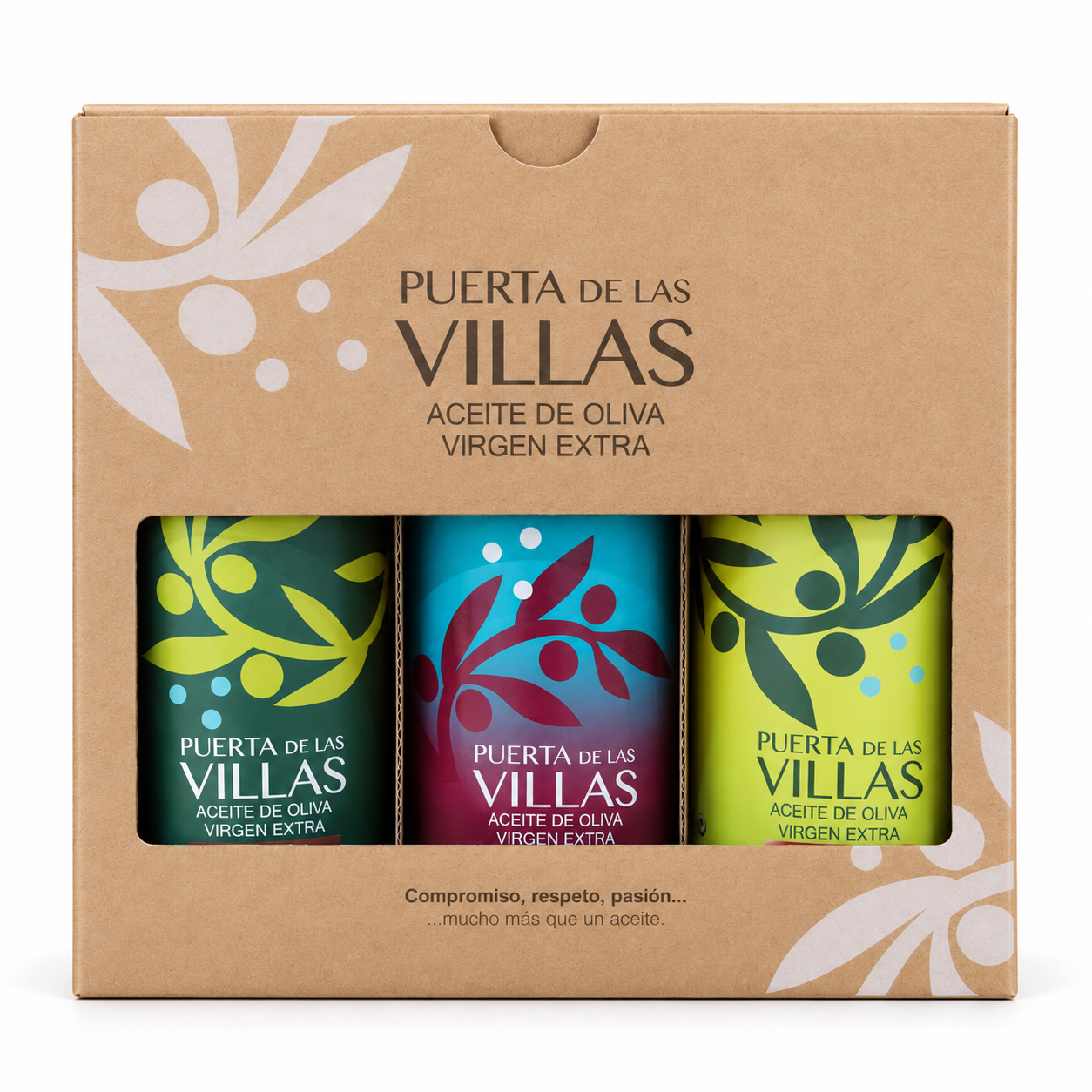Estuche Puerta de Las Villas con regalo AOVE con Coupage. Picual Temprano, Coupage y Picual Envero, sobre fondo blanco.