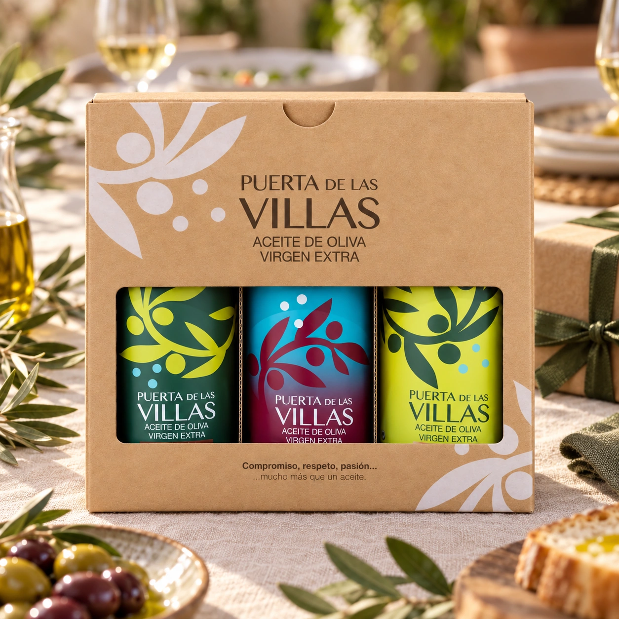 Estuche Puerta de Las Villas con Picual Temprano, Coupage y Picual Envero, en un escenario de detalle gastronómico.