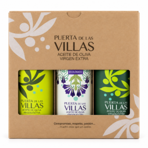 Estuche Puerta de Las Villas para regalo y degustación Picual Envero, Picual Temprano Ecológico y Picual Temprano, sobre fondo blanco.