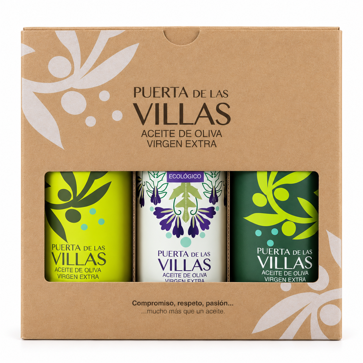 Estuche Puerta de Las Villas para regalo y degustación Picual Envero, Picual Temprano Ecológico y Picual Temprano, sobre fondo blanco.
