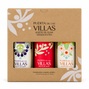Estuche Puerta de Las Villas con Picual Temprano Ecológico, Arbequina y Picual Envero Ecológico, sobre fondo blanco.