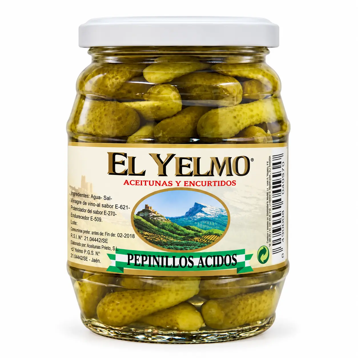 Tarro de pepinillos El Yelmo de 180 g visto de frente sobre fondo blanco.